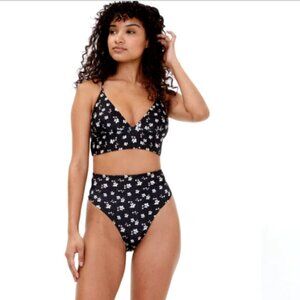 New Aeropostale Floral High-Waisted Bikini Wrap/Tie Top S Black & White #311B
